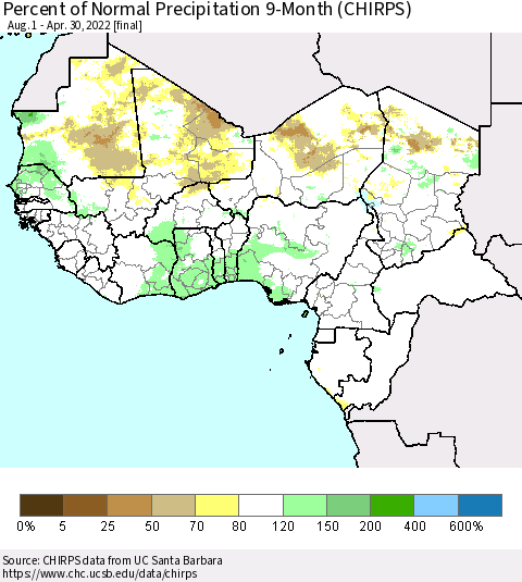 Western Africa Percent of Normal Precipitation 9-Month (CHIRPS) Thematic Map For 8/1/2021 - 4/30/2022