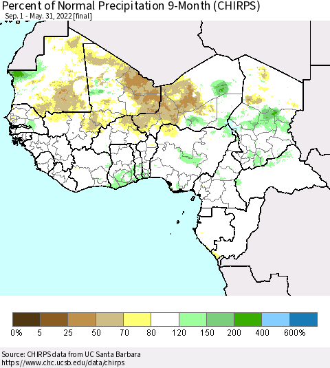 Western Africa Percent of Normal Precipitation 9-Month (CHIRPS) Thematic Map For 9/1/2021 - 5/31/2022