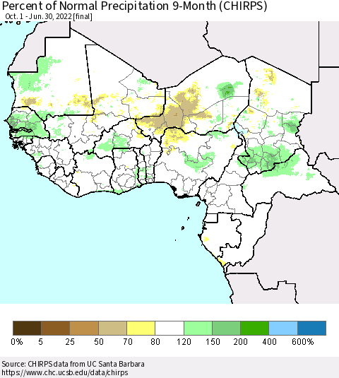 Western Africa Percent of Normal Precipitation 9-Month (CHIRPS) Thematic Map For 10/1/2021 - 6/30/2022