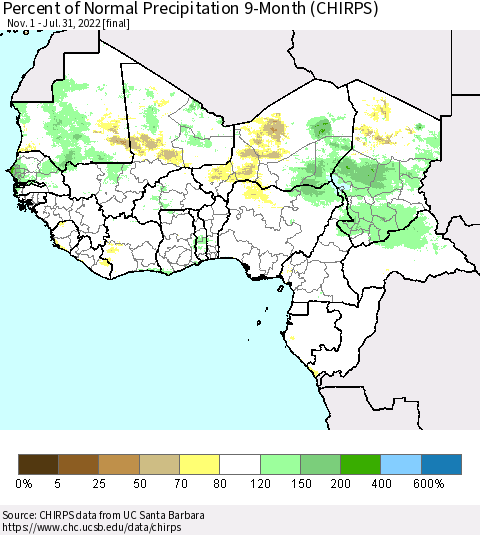 Western Africa Percent of Normal Precipitation 9-Month (CHIRPS) Thematic Map For 11/1/2021 - 7/31/2022
