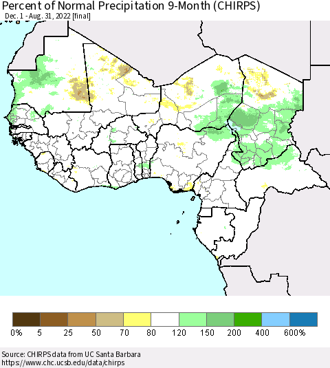Western Africa Percent of Normal Precipitation 9-Month (CHIRPS) Thematic Map For 12/1/2021 - 8/31/2022