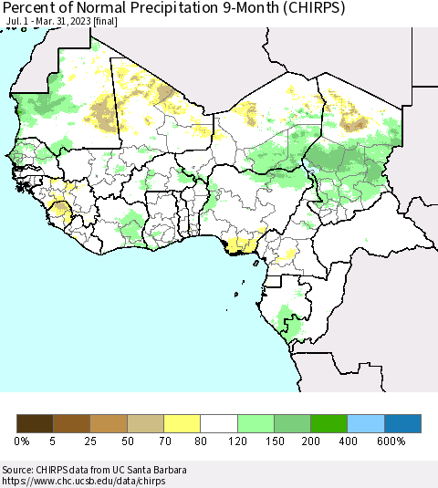 Western Africa Percent of Normal Precipitation 9-Month (CHIRPS) Thematic Map For 7/1/2022 - 3/31/2023