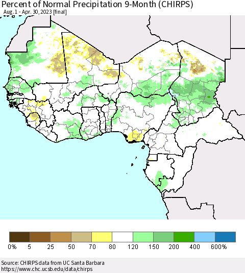 Western Africa Percent of Normal Precipitation 9-Month (CHIRPS) Thematic Map For 8/1/2022 - 4/30/2023