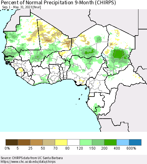 Western Africa Percent of Normal Precipitation 9-Month (CHIRPS) Thematic Map For 9/1/2022 - 5/31/2023