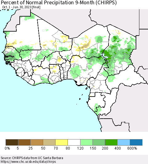Western Africa Percent of Normal Precipitation 9-Month (CHIRPS) Thematic Map For 10/1/2022 - 6/30/2023