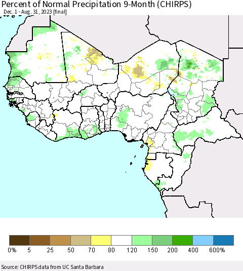 Western Africa Percent of Normal Precipitation 9-Month (CHIRPS) Thematic Map For 12/1/2022 - 8/31/2023