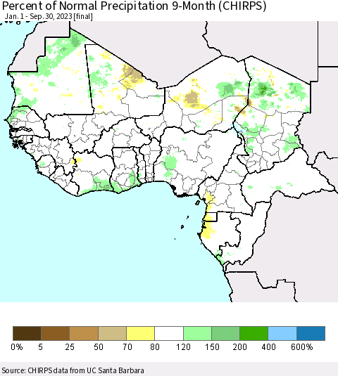 Western Africa Percent of Normal Precipitation 9-Month (CHIRPS) Thematic Map For 1/1/2023 - 9/30/2023