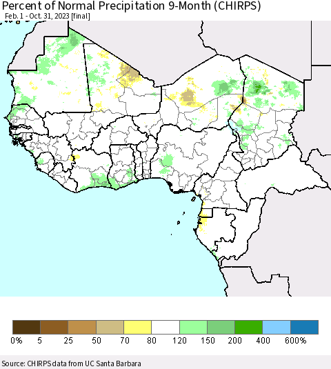 Western Africa Percent of Normal Precipitation 9-Month (CHIRPS) Thematic Map For 2/1/2023 - 10/31/2023