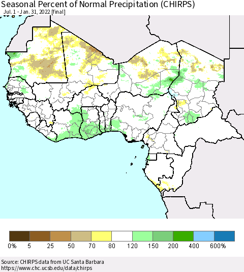 Western Africa Seasonal Percent of Normal Precipitation (CHIRPS) Thematic Map For 7/1/2021 - 1/31/2022