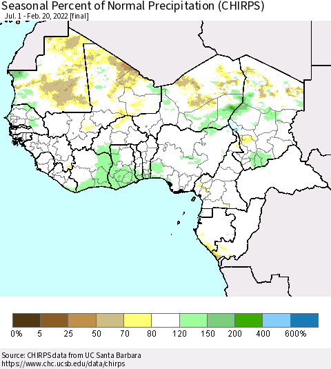 Western Africa Seasonal Percent of Normal Precipitation (CHIRPS) Thematic Map For 7/1/2021 - 2/20/2022