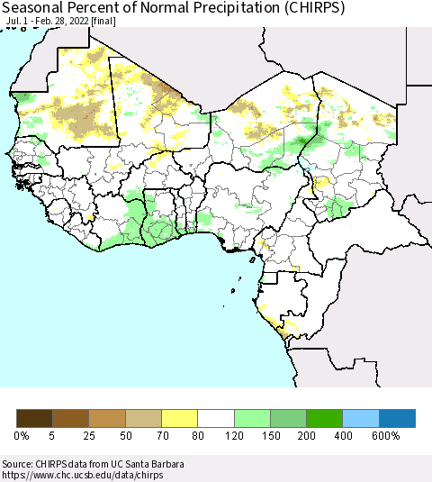 Western Africa Seasonal Percent of Normal Precipitation (CHIRPS) Thematic Map For 7/1/2021 - 2/28/2022
