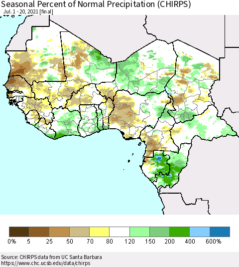 Western Africa Seasonal Percent of Normal Precipitation (CHIRPS) Thematic Map For 7/1/2021 - 7/20/2021