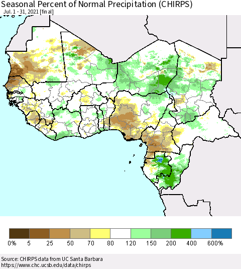 Western Africa Seasonal Percent of Normal Precipitation (CHIRPS) Thematic Map For 7/1/2021 - 7/31/2021