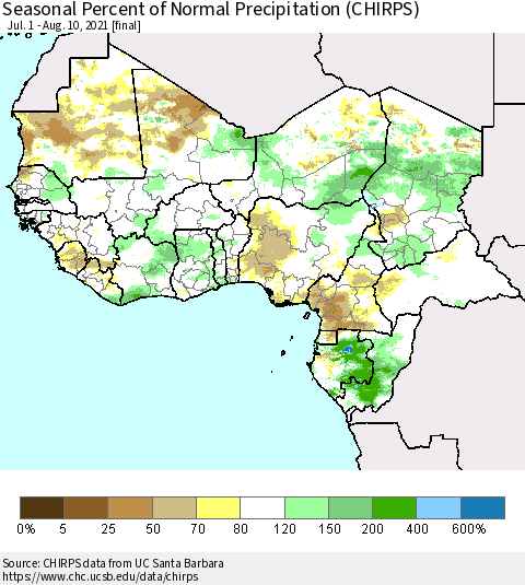Western Africa Seasonal Percent of Normal Precipitation (CHIRPS) Thematic Map For 7/1/2021 - 8/10/2021