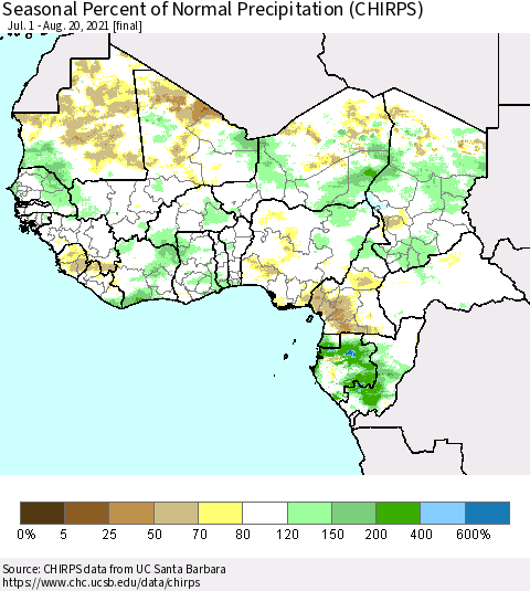 Western Africa Seasonal Percent of Normal Precipitation (CHIRPS) Thematic Map For 7/1/2021 - 8/20/2021