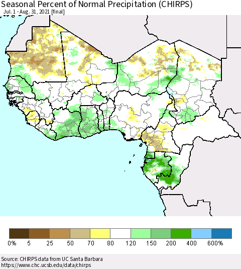 Western Africa Seasonal Percent of Normal Precipitation (CHIRPS) Thematic Map For 7/1/2021 - 8/31/2021