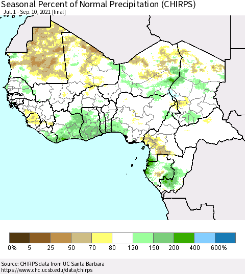 Western Africa Seasonal Percent of Normal Precipitation (CHIRPS) Thematic Map For 7/1/2021 - 9/10/2021