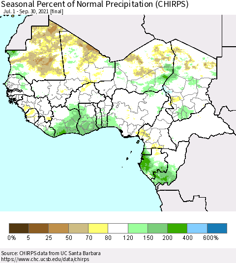 Western Africa Seasonal Percent of Normal Precipitation (CHIRPS) Thematic Map For 7/1/2021 - 9/30/2021