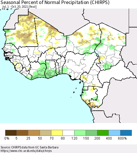 Western Africa Seasonal Percent of Normal Precipitation (CHIRPS) Thematic Map For 7/1/2021 - 10/20/2021