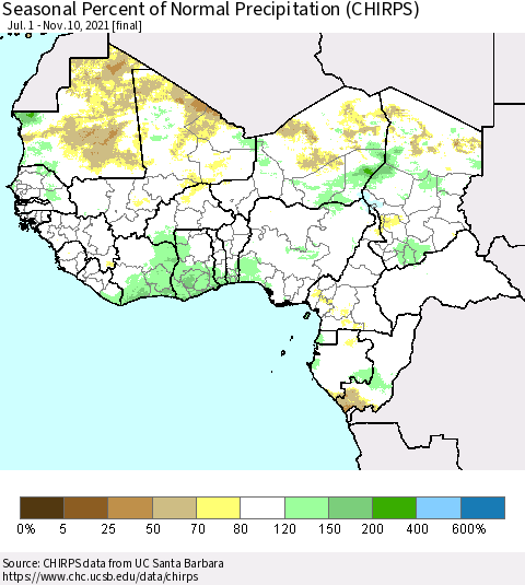 Western Africa Seasonal Percent of Normal Precipitation (CHIRPS) Thematic Map For 7/1/2021 - 11/10/2021