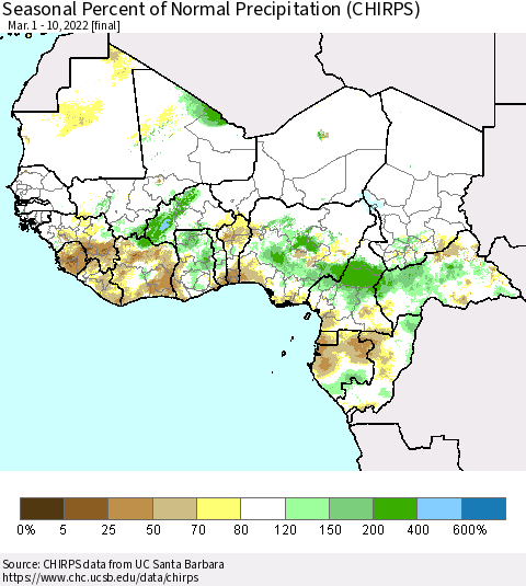 Western Africa Seasonal Percent of Normal Precipitation (CHIRPS) Thematic Map For 3/1/2022 - 3/10/2022