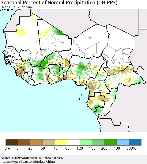 Western Africa Seasonal Percent of Normal Precipitation (CHIRPS) Thematic Map For 3/1/2022 - 3/20/2022