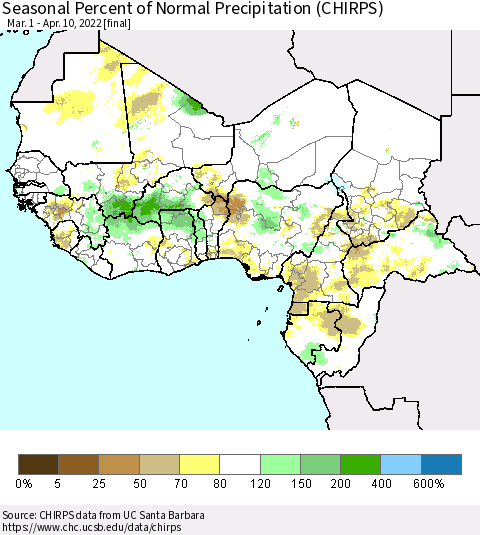 Western Africa Seasonal Percent of Normal Precipitation (CHIRPS) Thematic Map For 3/1/2022 - 4/10/2022