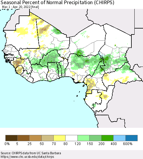 Western Africa Seasonal Percent of Normal Precipitation (CHIRPS) Thematic Map For 3/1/2022 - 4/20/2022