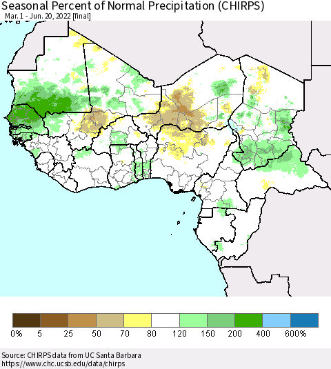 Western Africa Seasonal Percent of Normal Precipitation (CHIRPS) Thematic Map For 3/1/2022 - 6/20/2022