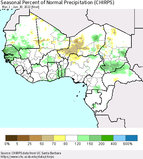 Western Africa Seasonal Percent of Normal Precipitation (CHIRPS) Thematic Map For 3/1/2022 - 6/30/2022