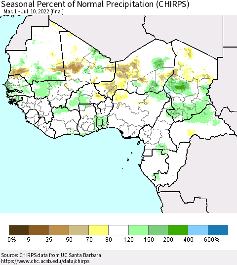Western Africa Seasonal Percent of Normal Precipitation (CHIRPS) Thematic Map For 3/1/2022 - 7/10/2022