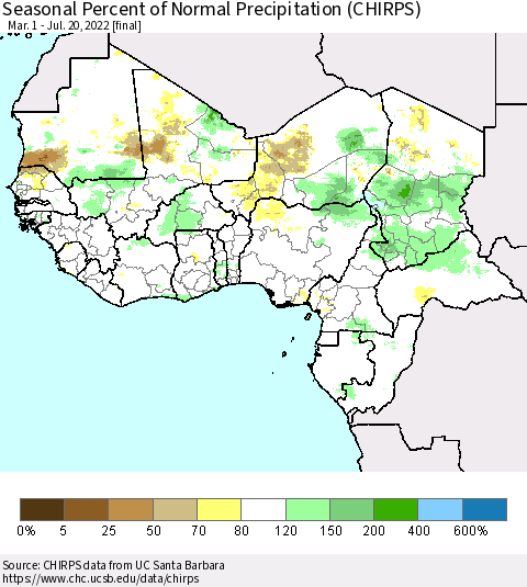 Western Africa Seasonal Percent of Normal Precipitation (CHIRPS) Thematic Map For 3/1/2022 - 7/20/2022