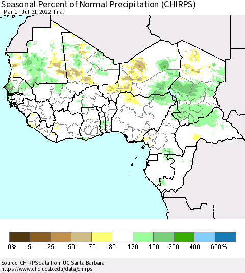Western Africa Seasonal Percent of Normal Precipitation (CHIRPS) Thematic Map For 3/1/2022 - 7/31/2022