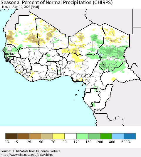 Western Africa Seasonal Percent of Normal Precipitation (CHIRPS) Thematic Map For 3/1/2022 - 8/10/2022