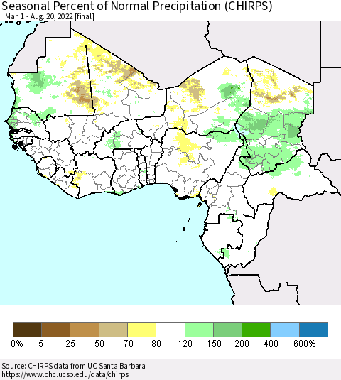 Western Africa Seasonal Percent of Normal Precipitation (CHIRPS) Thematic Map For 3/1/2022 - 8/20/2022