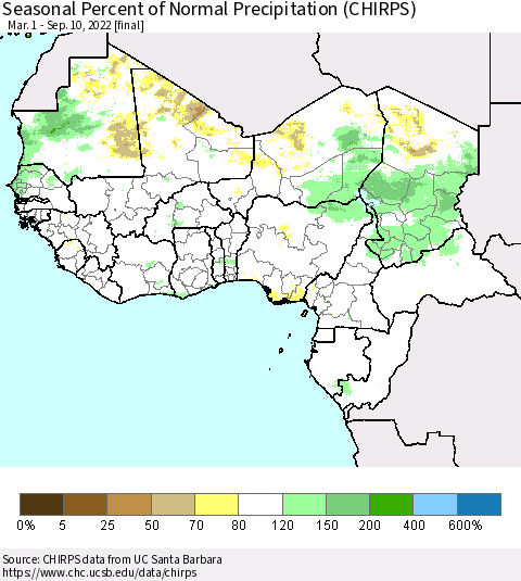 Western Africa Seasonal Percent of Normal Precipitation (CHIRPS) Thematic Map For 3/1/2022 - 9/10/2022