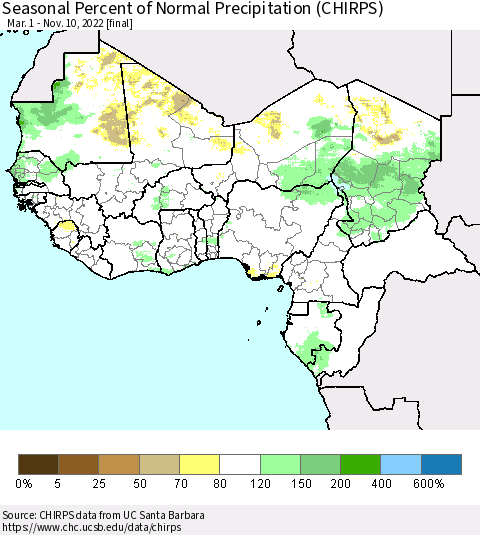 Western Africa Seasonal Percent of Normal Precipitation (CHIRPS) Thematic Map For 3/1/2022 - 11/10/2022