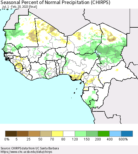 Western Africa Seasonal Percent of Normal Precipitation (CHIRPS) Thematic Map For 7/1/2022 - 2/20/2023