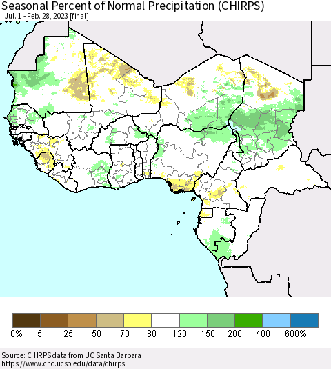Western Africa Seasonal Percent of Normal Precipitation (CHIRPS) Thematic Map For 7/1/2022 - 2/28/2023