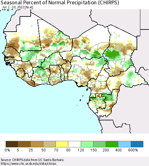 Western Africa Seasonal Percent of Normal Precipitation (CHIRPS) Thematic Map For 7/1/2022 - 7/10/2022
