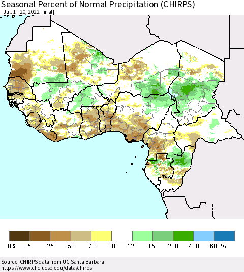 Western Africa Seasonal Percent of Normal Precipitation (CHIRPS) Thematic Map For 7/1/2022 - 7/20/2022
