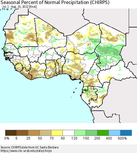 Western Africa Seasonal Percent of Normal Precipitation (CHIRPS) Thematic Map For 7/1/2022 - 8/10/2022