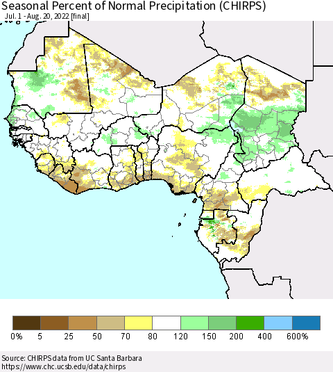 Western Africa Seasonal Percent of Normal Precipitation (CHIRPS) Thematic Map For 7/1/2022 - 8/20/2022