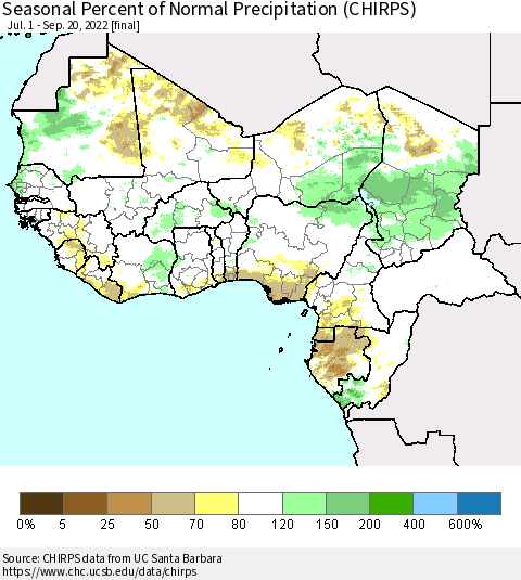 Western Africa Seasonal Percent of Normal Precipitation (CHIRPS) Thematic Map For 7/1/2022 - 9/20/2022