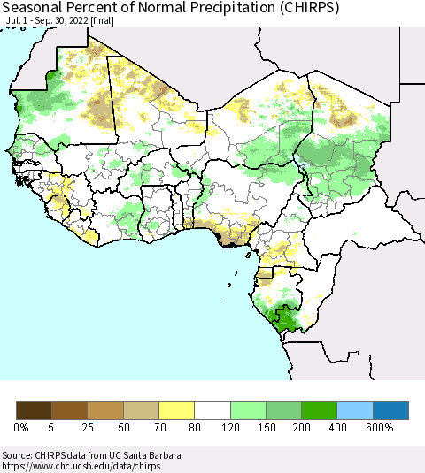 Western Africa Seasonal Percent of Normal Precipitation (CHIRPS) Thematic Map For 7/1/2022 - 9/30/2022