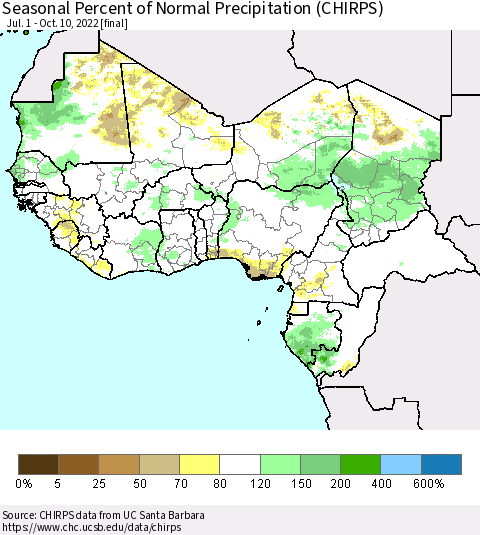 Western Africa Seasonal Percent of Normal Precipitation (CHIRPS) Thematic Map For 7/1/2022 - 10/10/2022