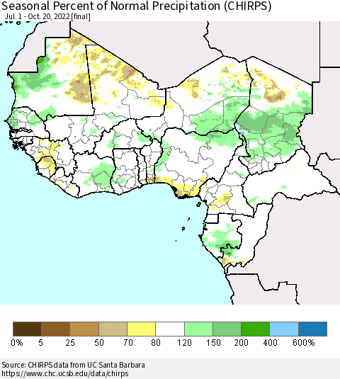 Western Africa Seasonal Percent of Normal Precipitation (CHIRPS) Thematic Map For 7/1/2022 - 10/20/2022