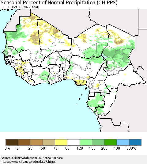 Western Africa Seasonal Percent of Normal Precipitation (CHIRPS) Thematic Map For 7/1/2022 - 10/31/2022