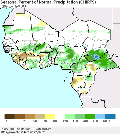 Western Africa Seasonal Percent of Normal Precipitation (CHIRPS) Thematic Map For 3/1/2023 - 3/20/2023