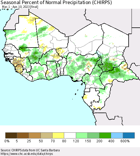 Western Africa Seasonal Percent of Normal Precipitation (CHIRPS) Thematic Map For 3/1/2023 - 4/10/2023